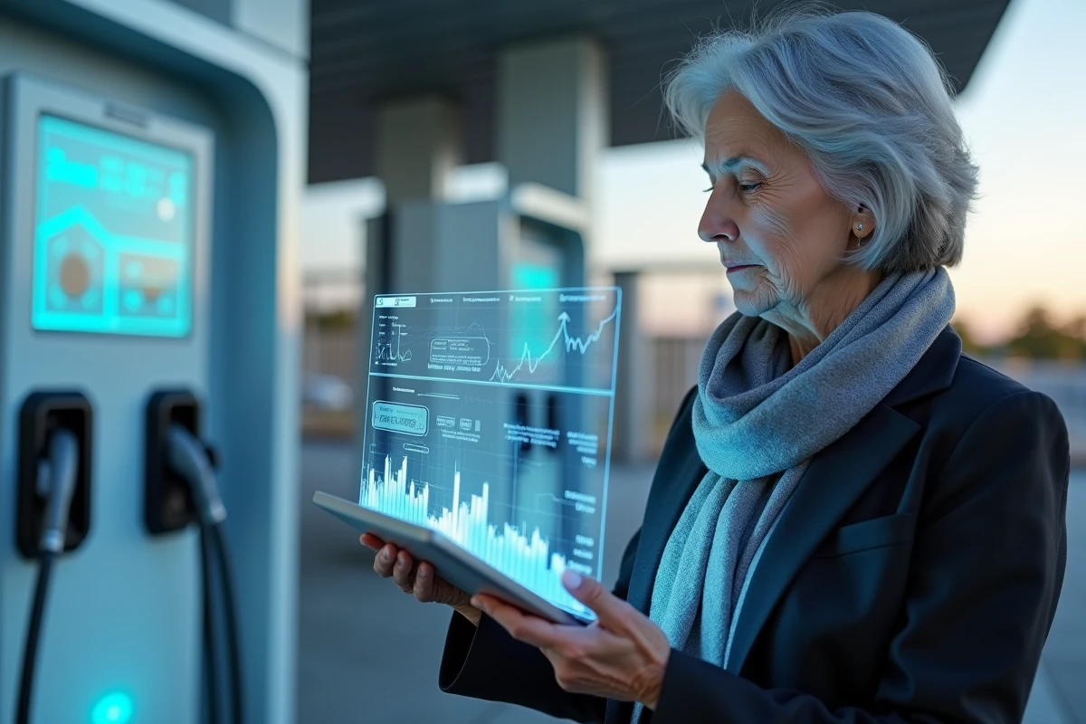 Femme d age moyen analysant une tablette holographique devant une station hydrogene futuriste