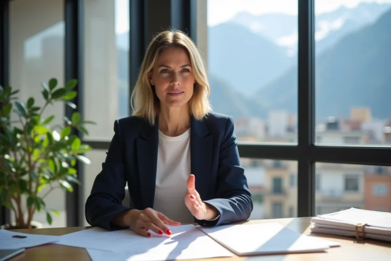 Femme confiante en blazer navy devant documents immobiliers
