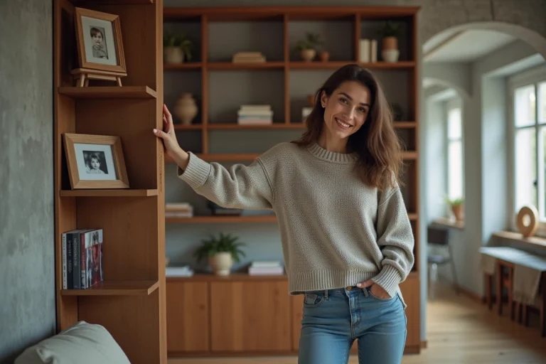 Femme française souriante près d'une bibliothèque dans un salon cosy