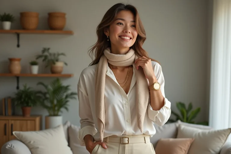 Femme élégante ajustant un foulard en tissu dans un salon moderne