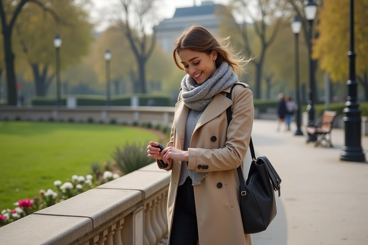 Femme en trench marche dans un parc parisien au matin