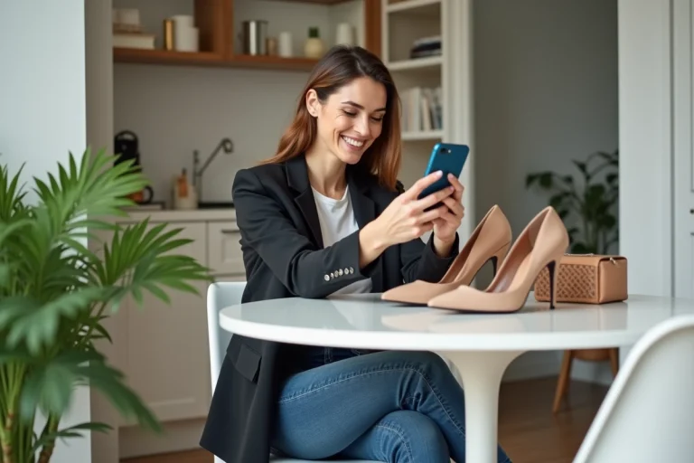 Femme élégante photographiant des chaussures à la mode dans un appartement lumineux