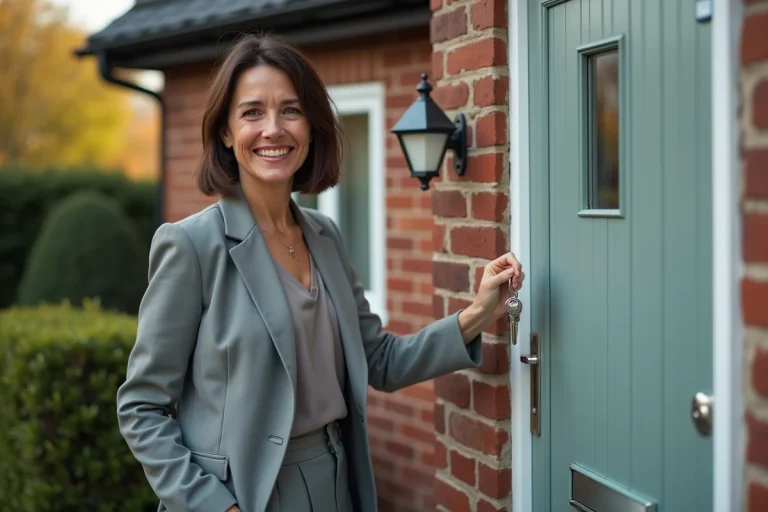 Femme souriante devant une porte neuve et maison moderne