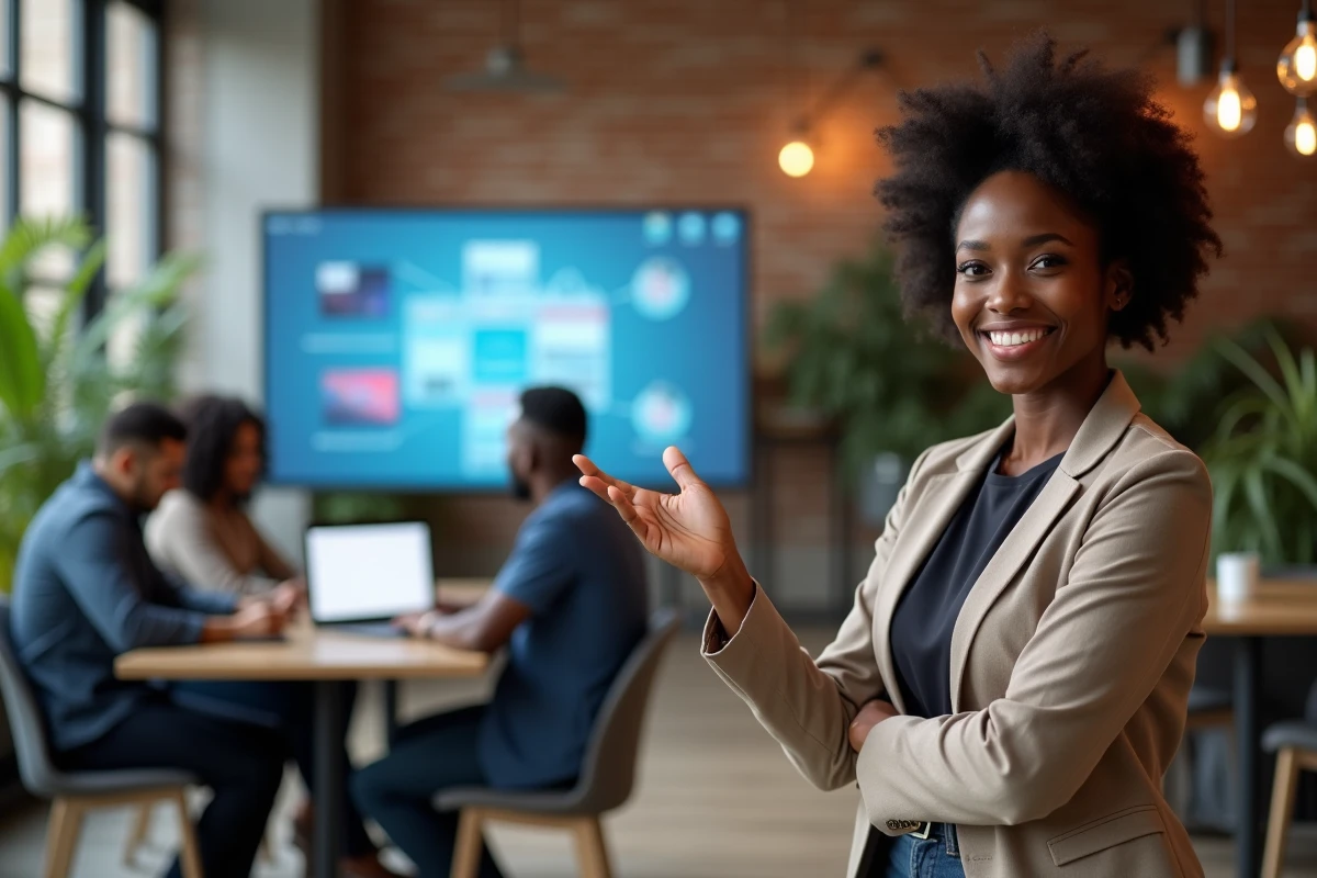 Jeune femme noire présente une plateforme B2B dans un espace de coworking