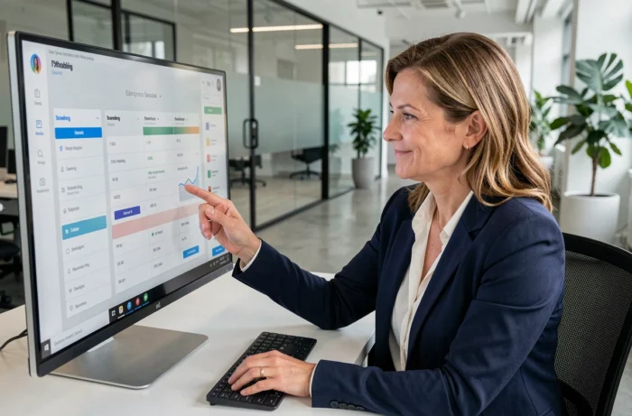 Professionnelle utilisant une plateforme de gestion de rendez-vous sur grand écran dans un bureau moderne