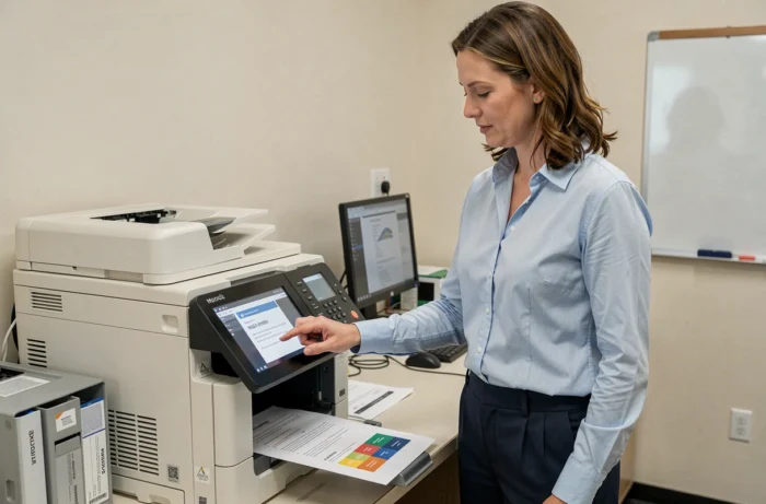 Femme professionnelle utilisant l'imprimante HP Color LaserJet Pro MFP M281fdw dans un bureau d'entreprise