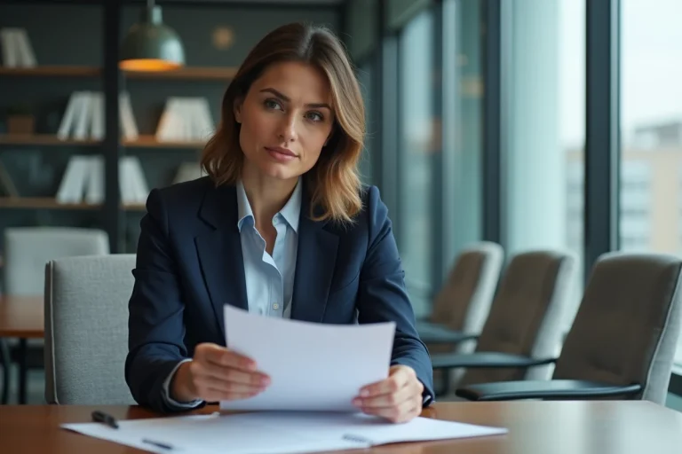 Femme professionnelle en revue de son CV dans un bureau moderne