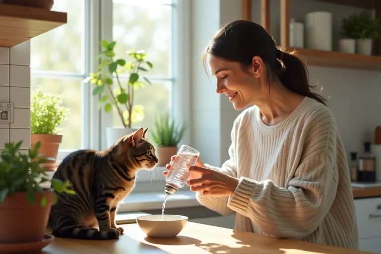 Femme versant de l'eau dans un bol pour chat dans la cuisine