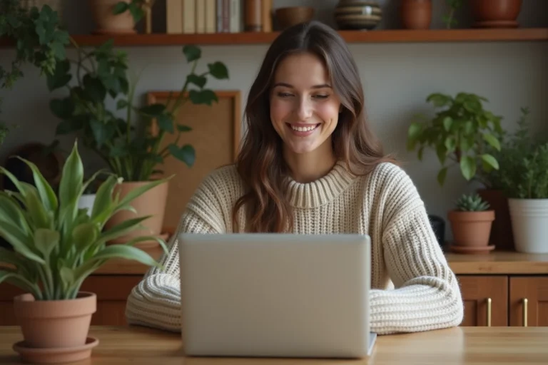 Jeune femme souriante faisant un quiz animal totem à la maison