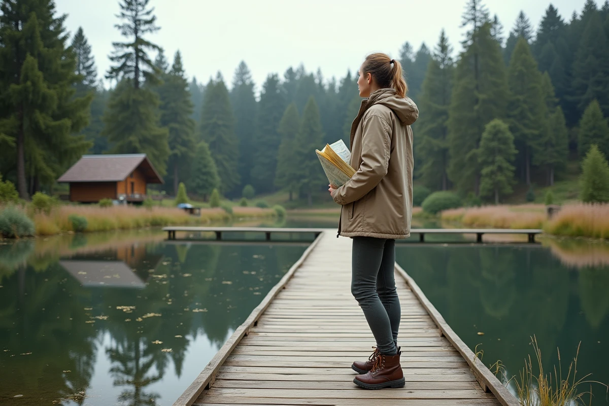 Femme en randonnée contemplant un lac paisible