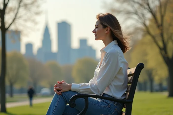 Femme assise sur un banc de parc en réflexion