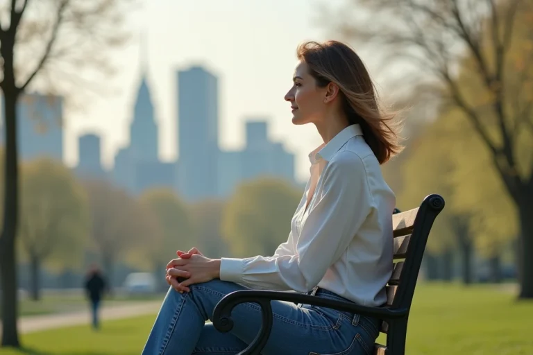Femme assise sur un banc de parc en réflexion