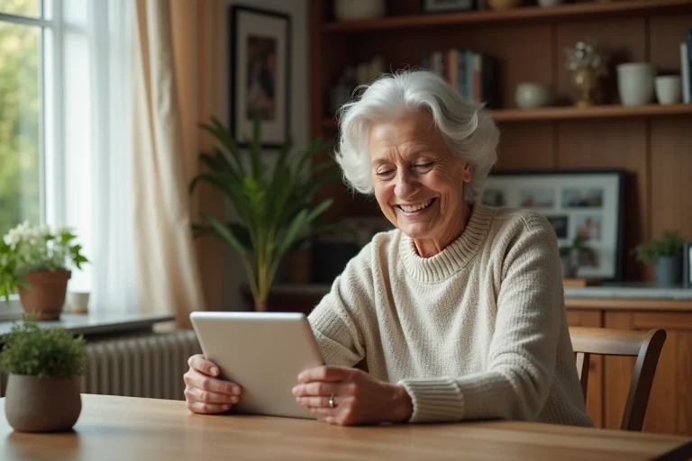 Femme senior souriante utilisant une tablette pour un appel vidéo