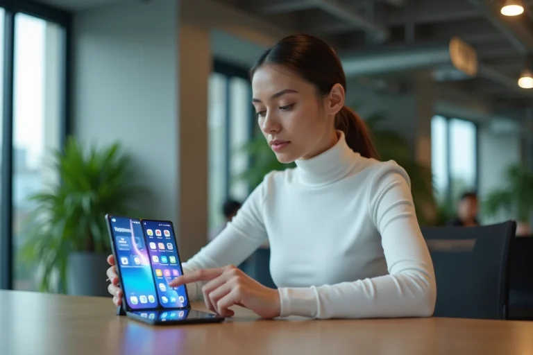 Femme utilisant un smartphone pliable dernier cri dans un bureau moderne high-tech