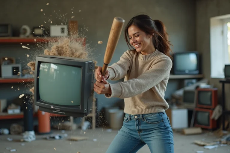 Femme en action brisant une vieille télévision avec un batte de baseball