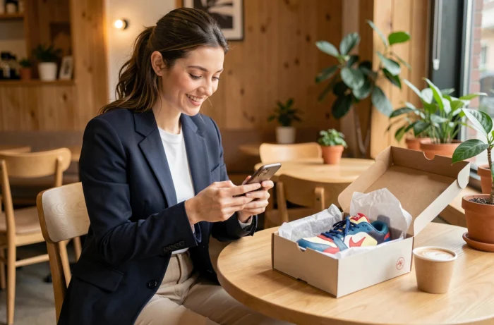 Jeune femme découvrant ses sneakers tendance commandées sur une plateforme spécialisée dans un café scandinave