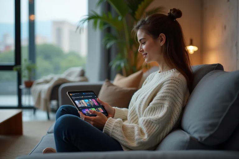 Jeune femme regardant une plateforme de streaming vidéo sur tablette dans un appartement moderne