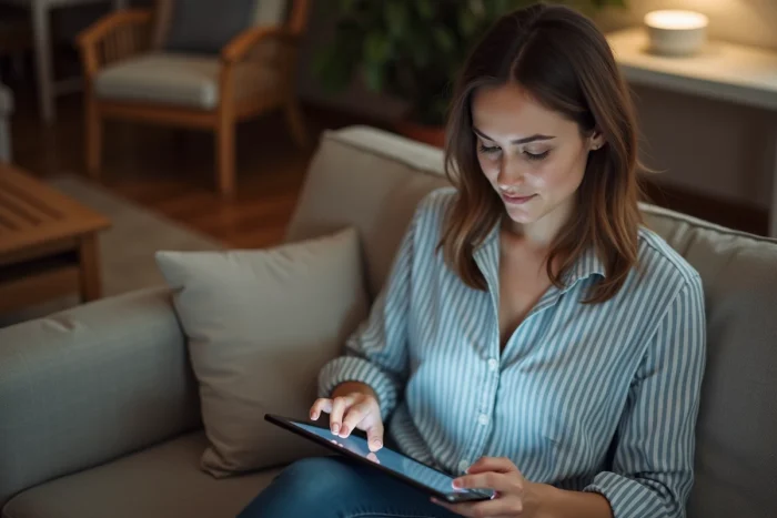 Femme utilisant une tablette pour accéder à une nouvelle adresse de site de téléchargement depuis son salon