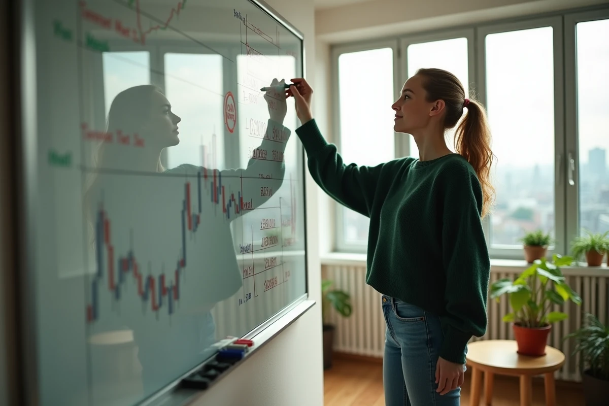 Jeune femme marque des tendances sur un tableau blanc à la maison