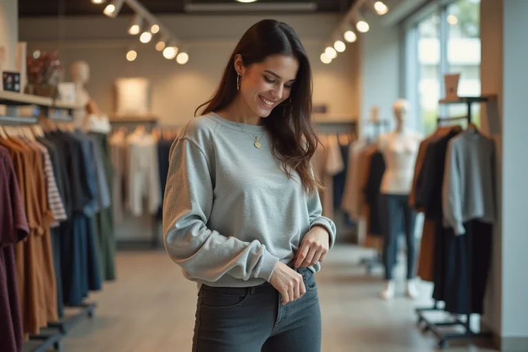 Femme souriante vérifiant la qualité d'un pantalon en magasin