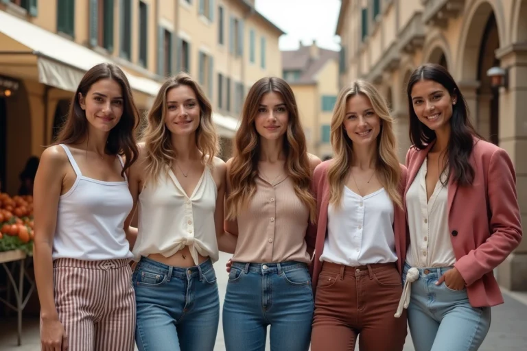 Groupe de femmes françaises dans une place de marché
