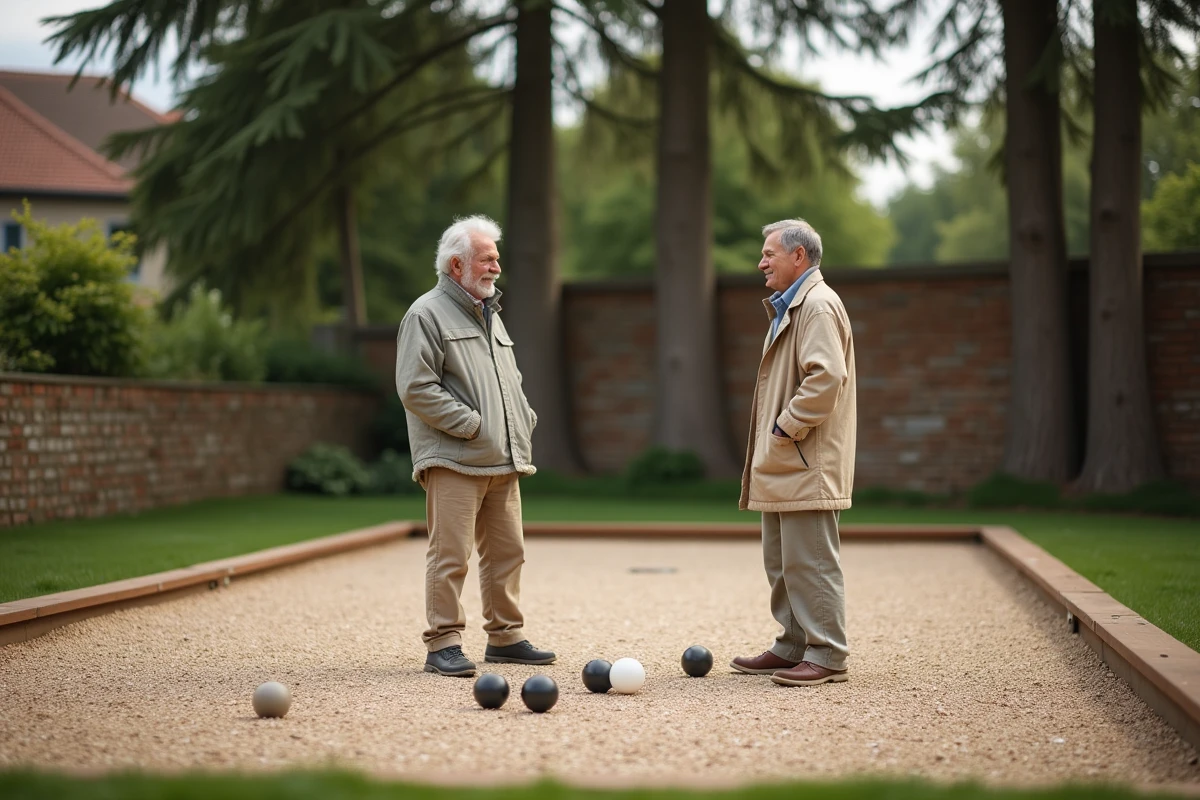 Un grand-pere et son petit-fils discutant près du terrain de pétanque