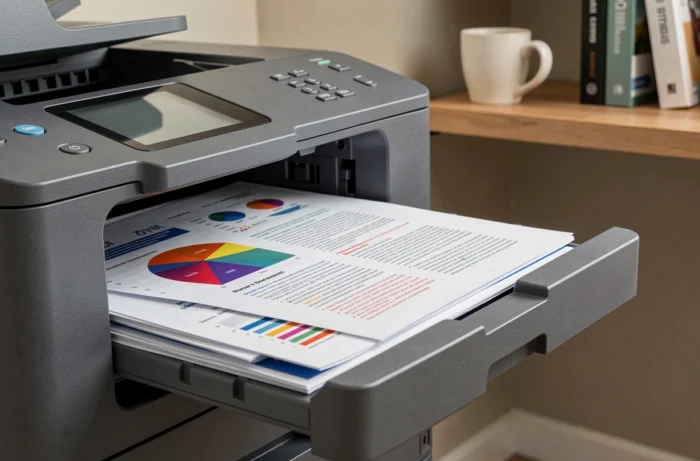 Gros plan sur les documents couleur imprimés par la HP Color LaserJet Pro MFP M281fdw dans un bureau à domicile