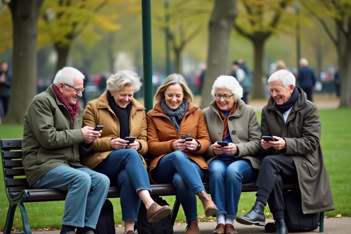 Groupe de seniors riant en partageant des smartphones au parc