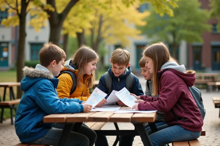 Jeunes collégiens discutant avec cartes pour voyage scolaire