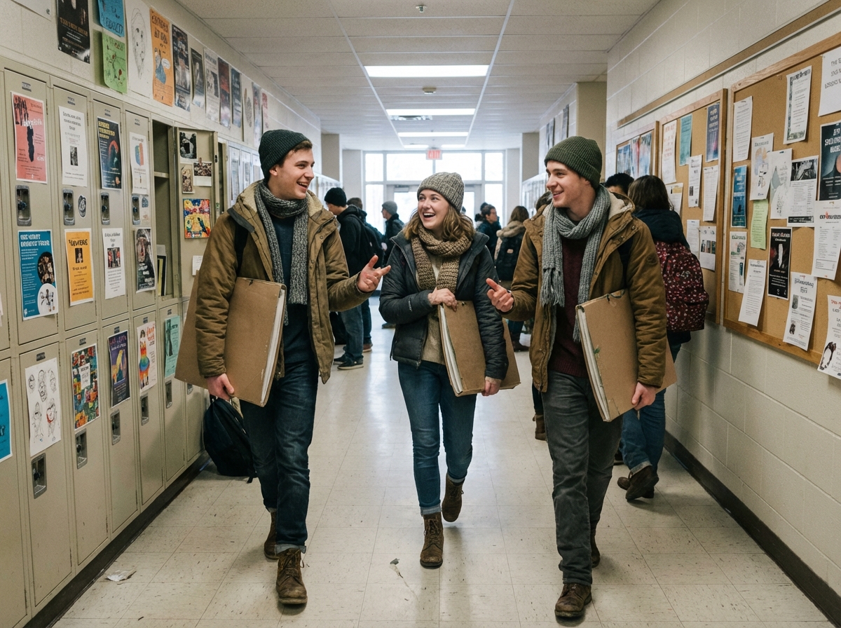 Trois étudiants discutant dans un couloir d