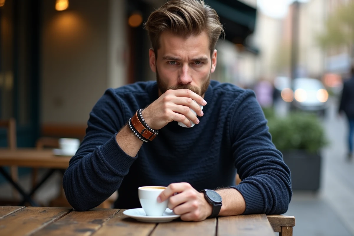 Jeune homme au café portant des accessoires tendance et en train de boire