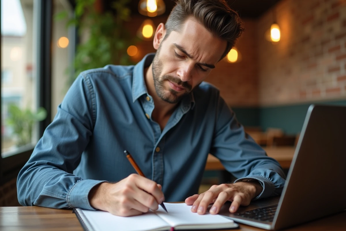 Homme prenant des notes dans un café cosy et accueillant