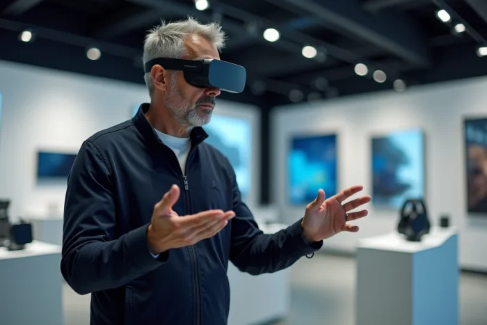 Homme portant un casque de réalité augmentée dans un showroom de produits high-tech innovants