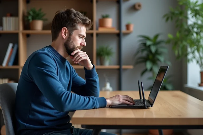 Homme en sweater bleu configure un routeur dans un bureau moderne