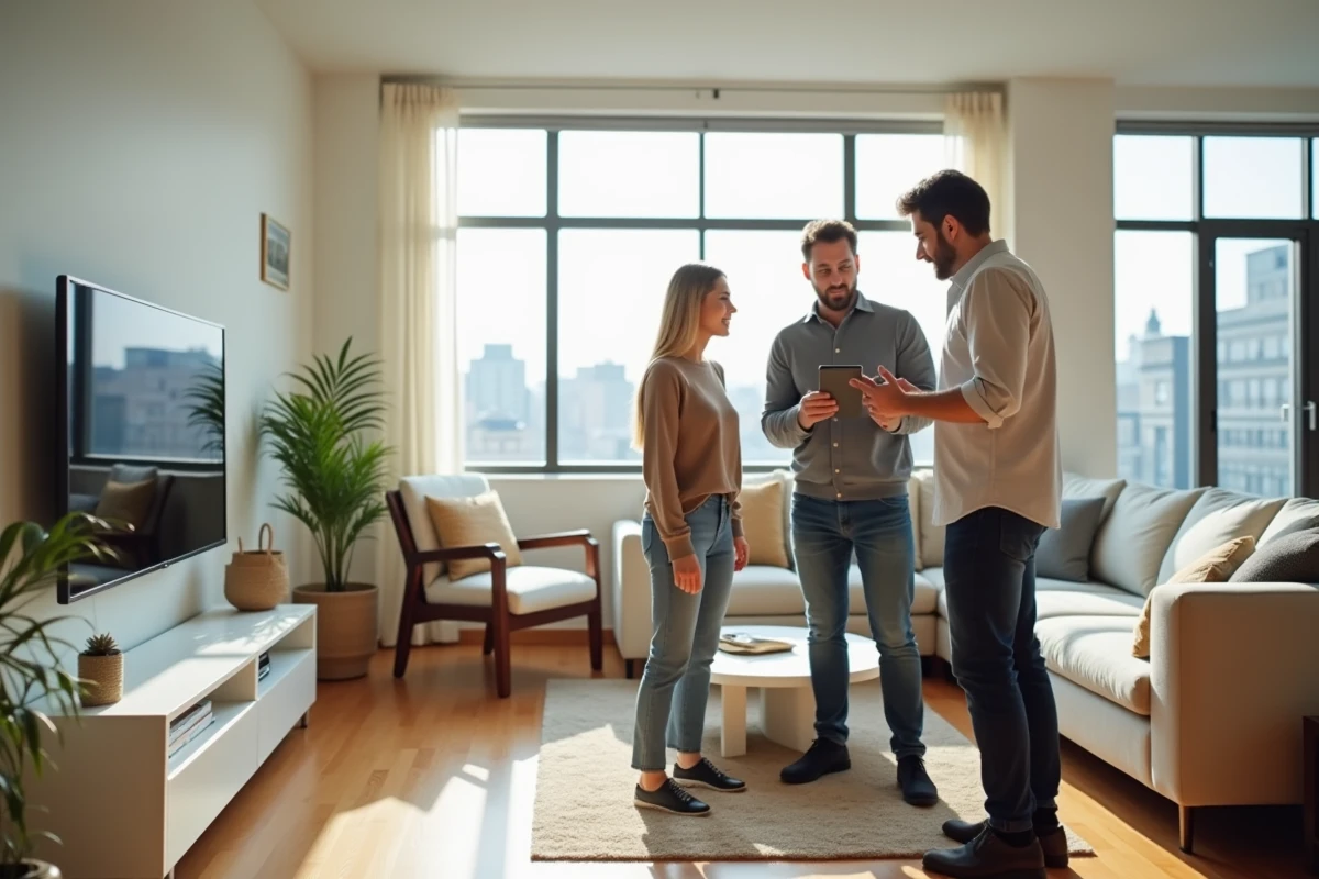 Homme d affaires discutant avec un couple dans un salon lumineux