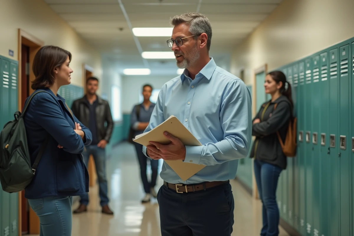 Homme discutant avec collègues dans un couloir scolaire