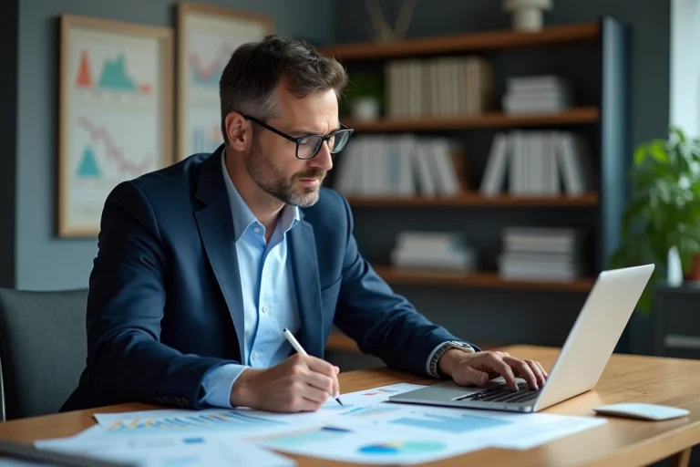 Homme d'affaires en costume analyse des graphiques financiers