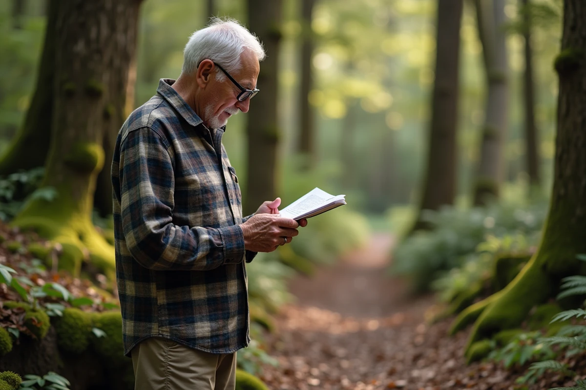Homme âgé dans la forêt lisant un quiz en pleine nature