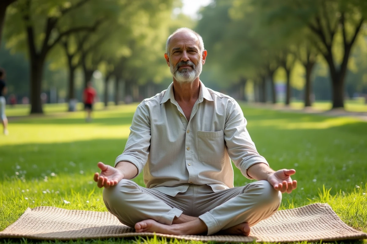 Homme méditant assis dans un parc en plein air