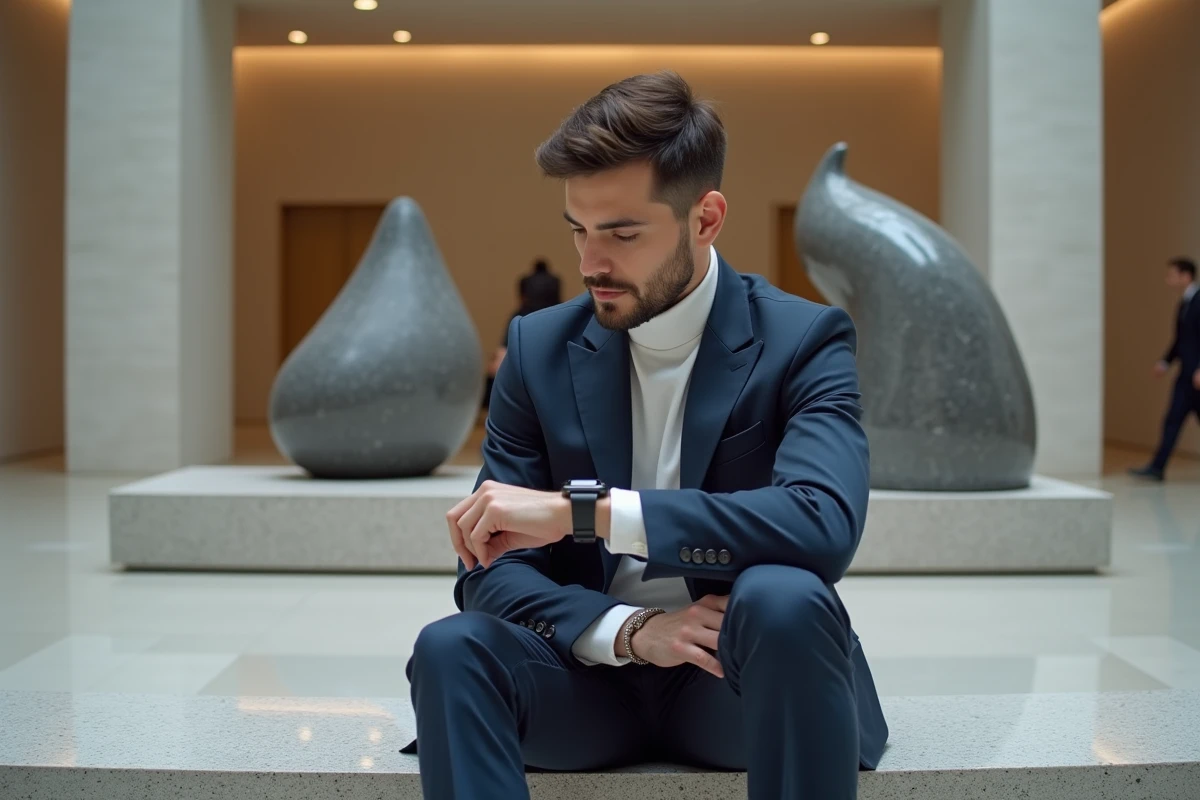 Jeune homme en costume dans un musée d