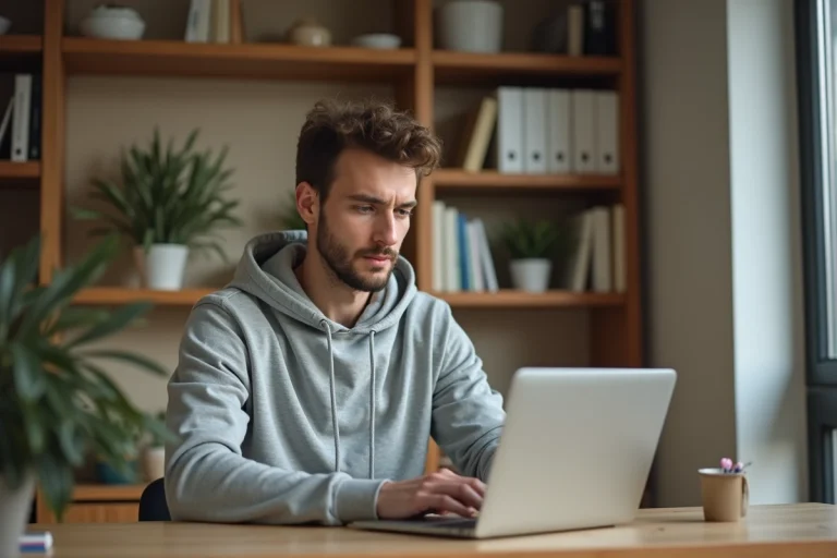 Jeune homme consultant un site de téléchargement sur son ordinateur portable dans un bureau moderne à domicile