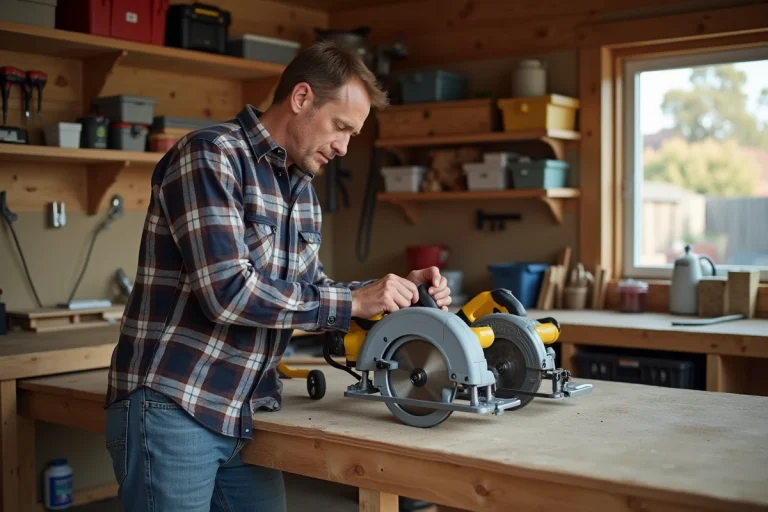 Homme d'âge moyen compare deux scies circulaires dans un atelier