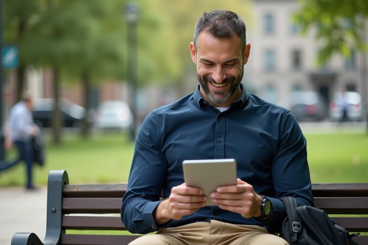 Homme souriant utilisant une tablette dans un parc urbain