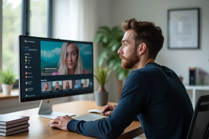 Homme utilisant une plateforme de streaming vidéo en ligne sur ordinateur dans un bureau à domicile