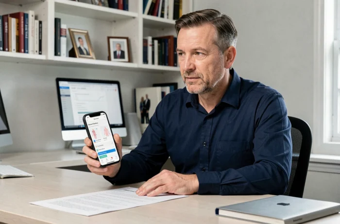 Homme d'une cinquantaine d'années consultant une application médicale sur smartphone dans un bureau à domicile pour optimiser son rendez-vous médical