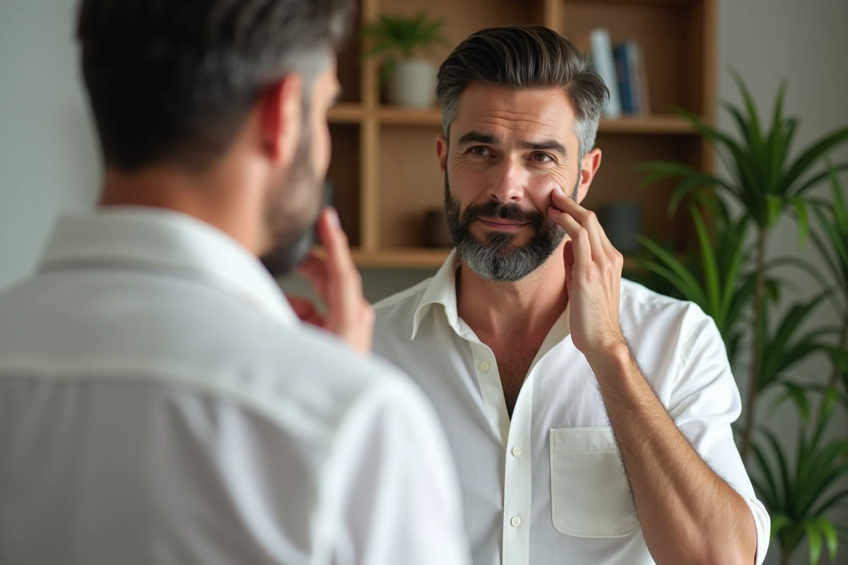 Homme appliquant crème teintée dans un intérieur moderne