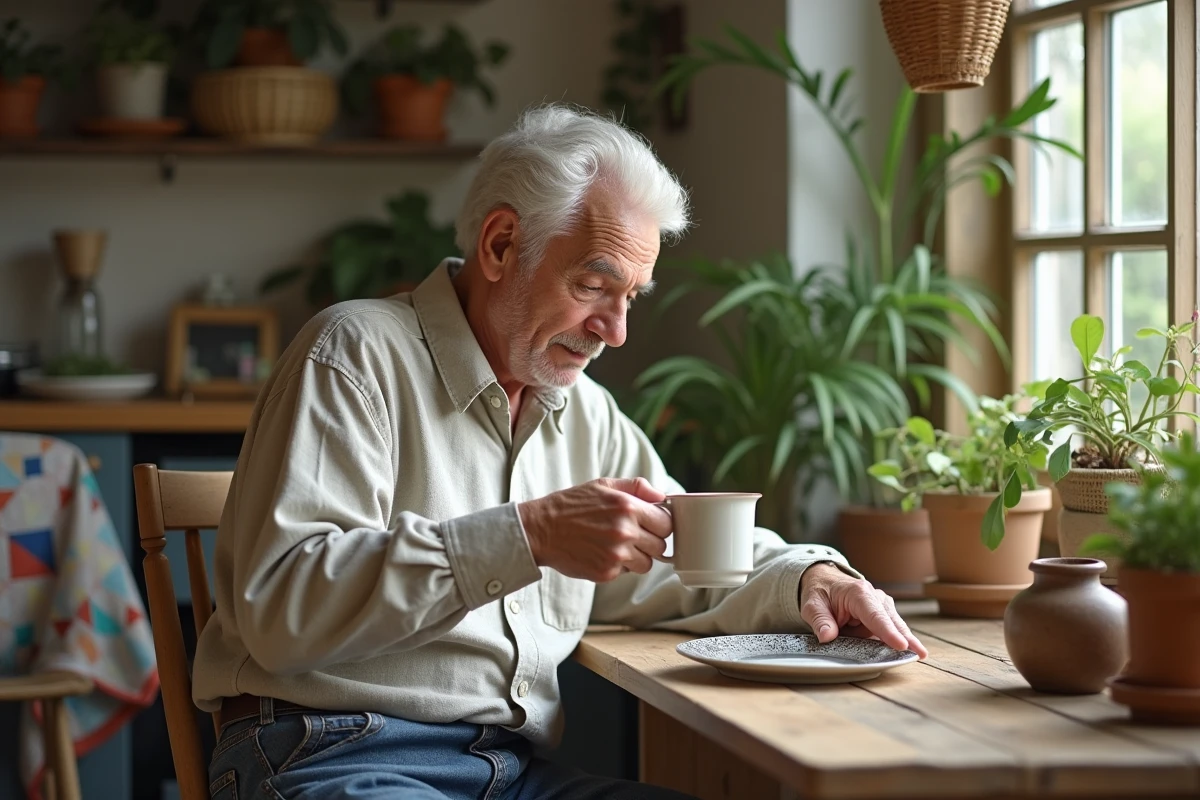 Homme versant du thé dans une tasse en céramique dans la cuisine