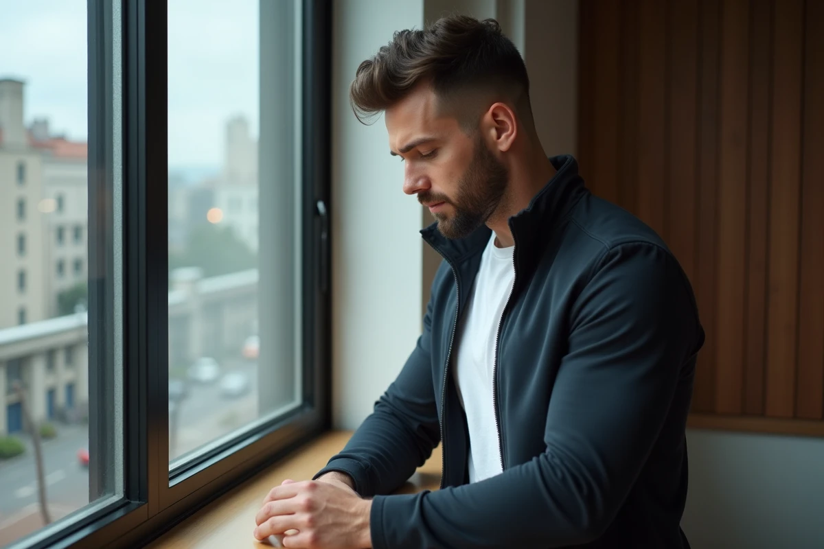 Homme regardant par la fenêtre dans un appartement moderne