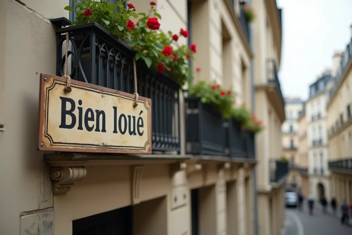 Immeuble résidentiel en pierre avec panneau de location Scellier sur un balcon parisien typique