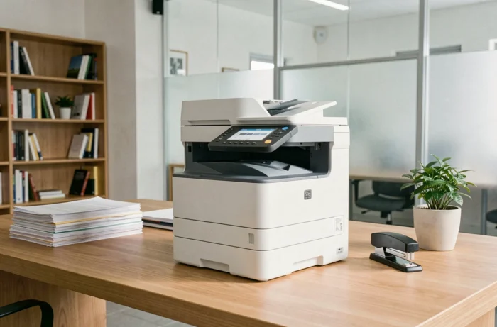 Imprimante multifonction HP Color LaserJet Pro MFP M281fdw posée sur un bureau en bois dans un bureau moderne